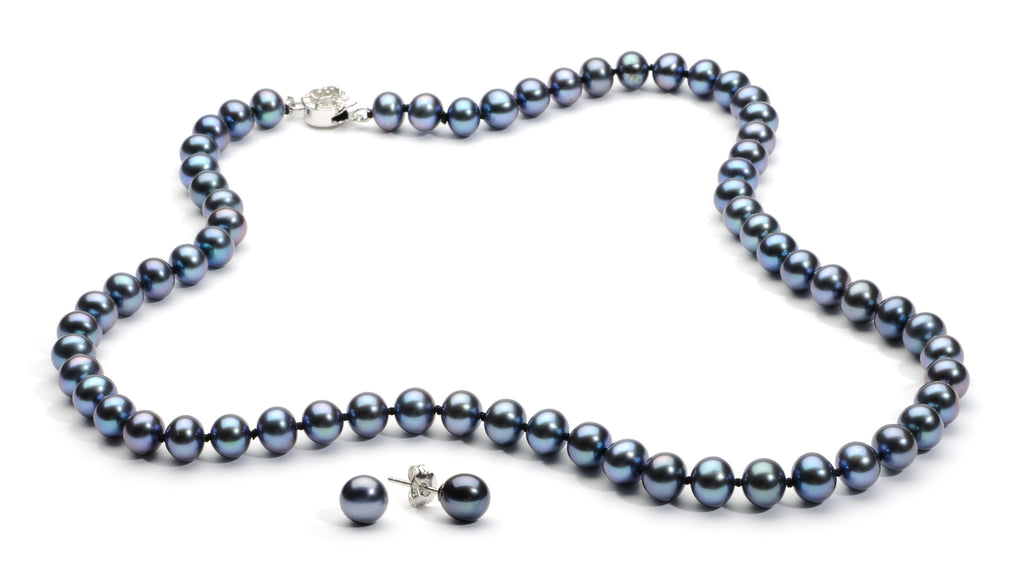 Necklace/Earrings Set 6.0-7.0 mm Black Freshwater Pearls