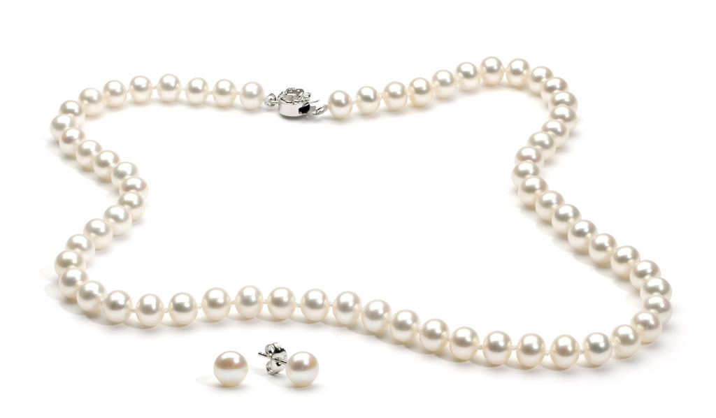 Necklace/Earrings Set 6.0-7.0 mm White Freshwater Pearls