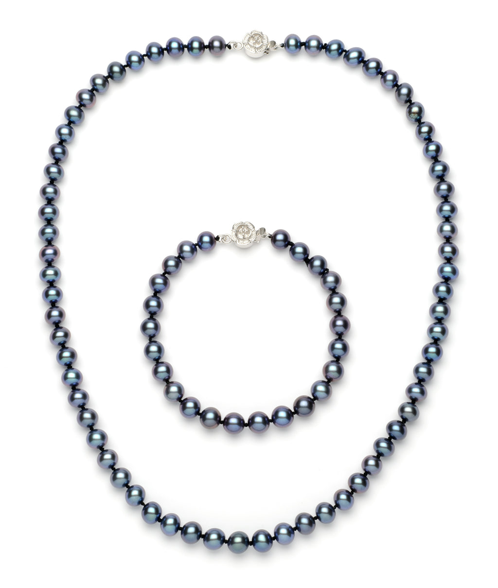 Necklace/Bracelet Set 6.0-7.0 mm Black Freshwater Pearls