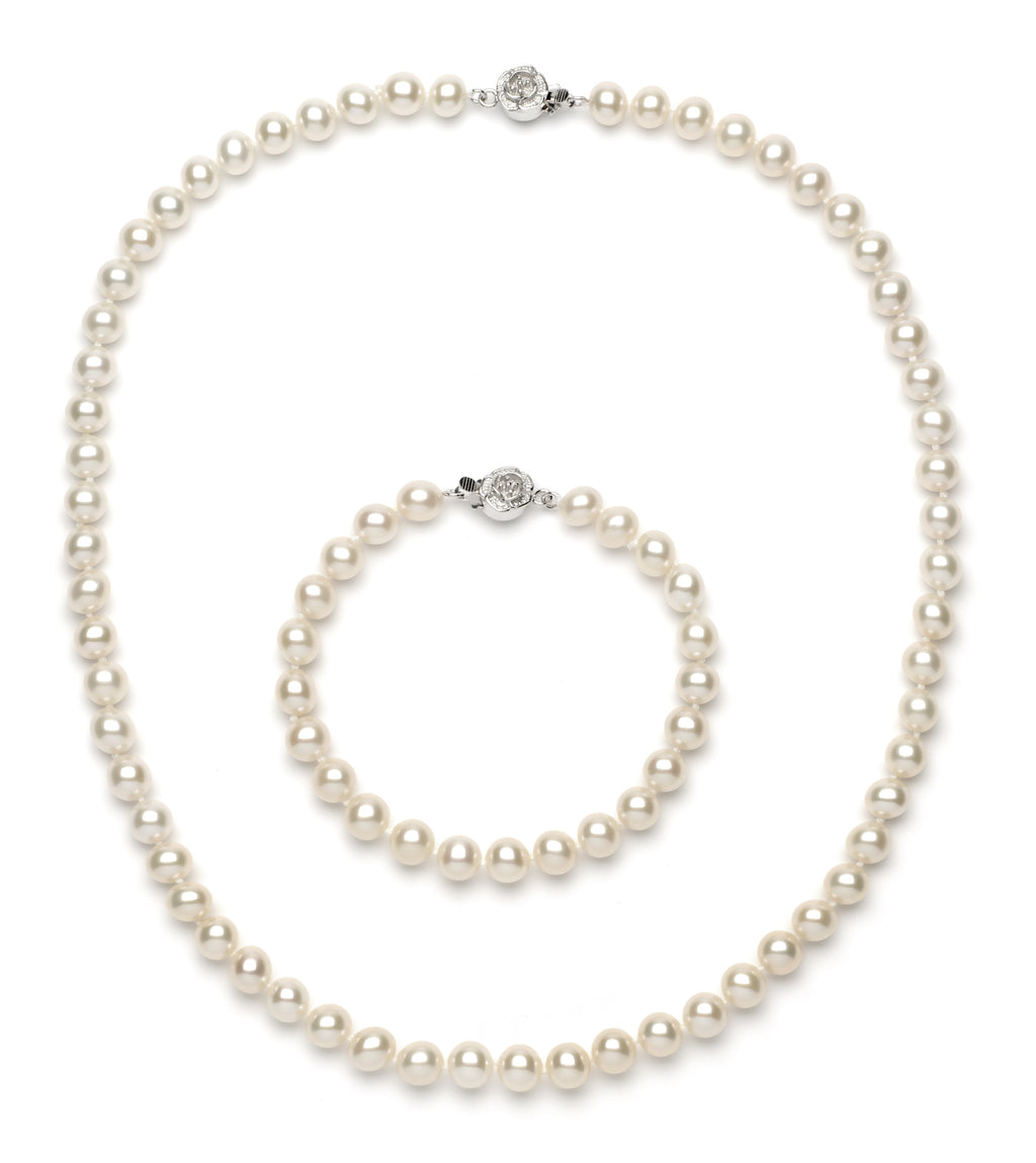 Necklace/Bracelet Set 7.0-8.0 mm White Freshwater Pearls