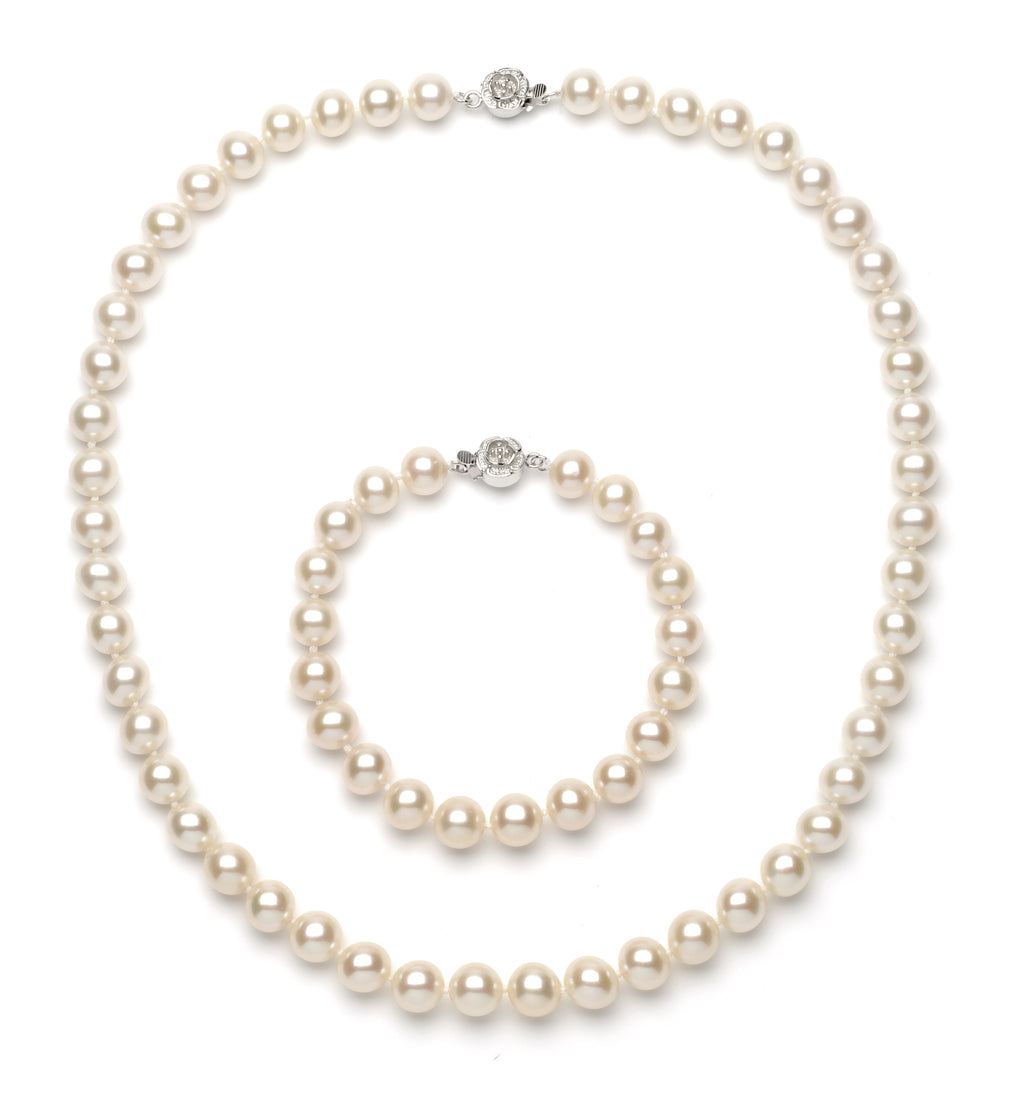 Necklace/Bracelet Set 9 mm White Freshwater Pearls
