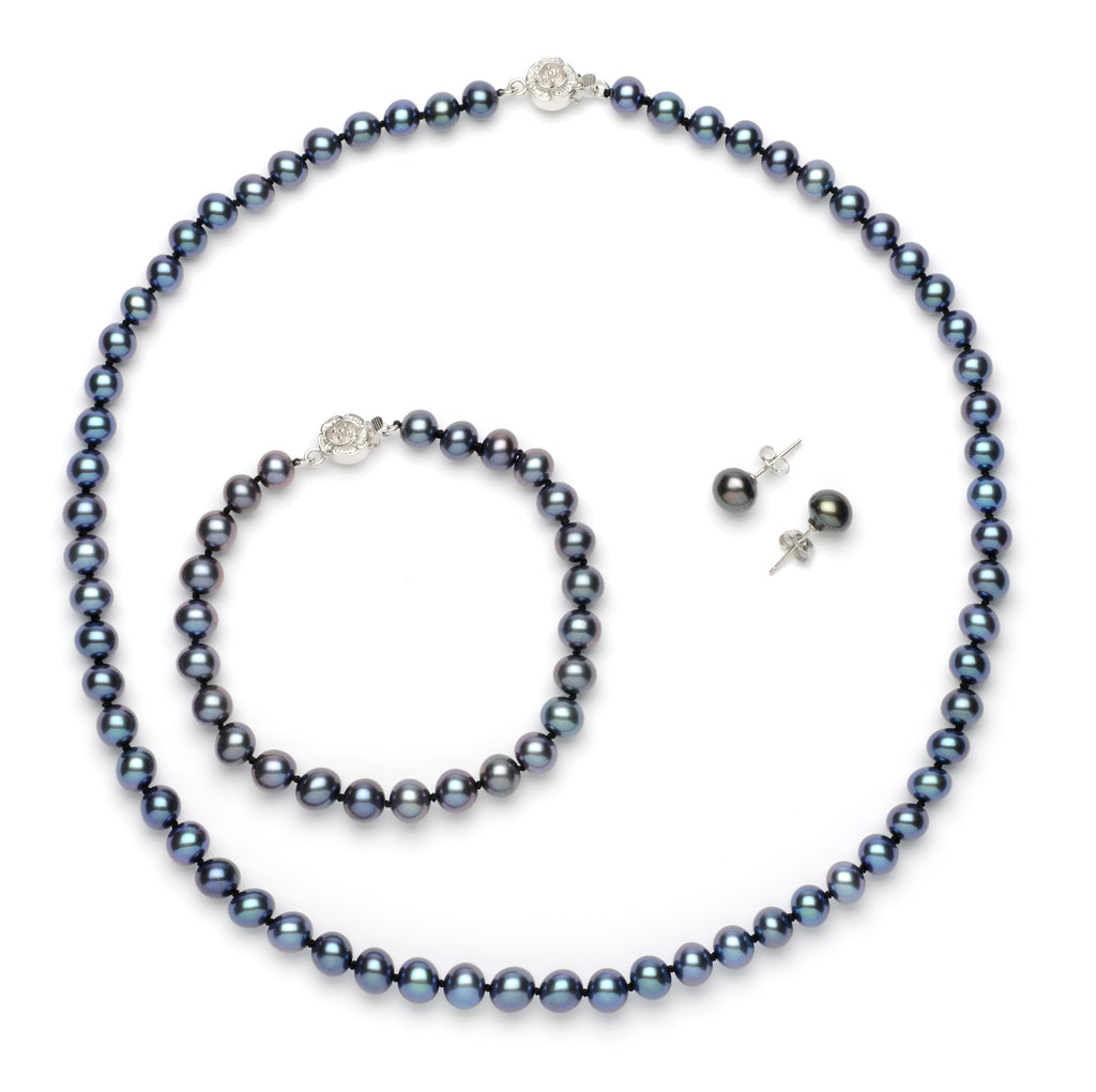 Full Set of 7.0-8.0 mm Black Freshwater Pearls